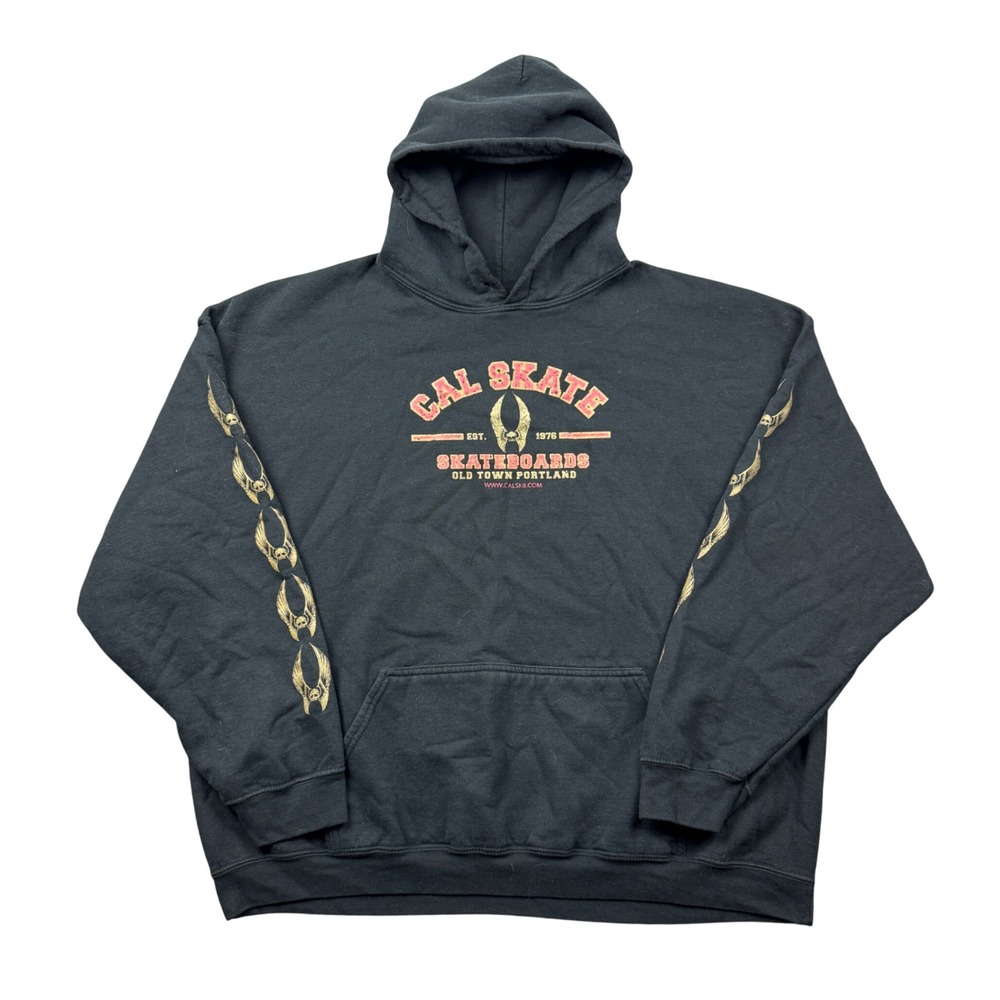 Cal Skate Skateboards Portland Hoodie Men 2XL Black Sleeve Hits Grunge Y2K
